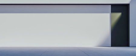 A striking entrance features a sleek minimalist design against a bright smooth wall. Natural light creates soft shadows enhancing the modern aesthetic of the space.の素材