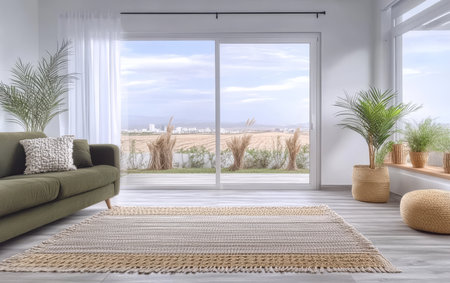 Sunlit living room features a comfortable green sofa woven rug and vibrant plants. Large windows offer a stunning view of fields and serene sky creating a tranquil atmosphere.の素材