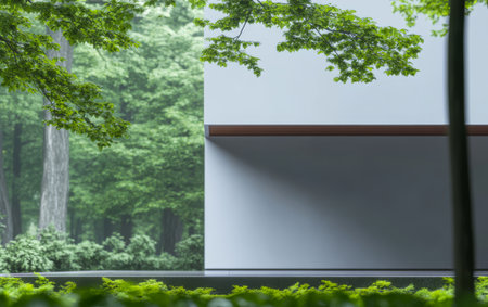 A sleek minimalist building stands amidst lush green foliage showcasing innovative design harmonizing with the surrounding trees.の素材