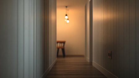 A narrow corridor features wooden flooring and white paneling leading to a stylish seating area illuminated by warm pendant lights. The inviting space is perfect for relaxation.の素材