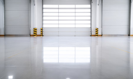 A spacious warehouse interior showcases a polished concrete floor reflecting light. Large loading dock doors line the back wall enhancing the industrial atmosphere of the location.の素材