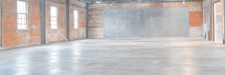 An expansive industrial room features polished concrete flooring and exposed red brick walls. The bright space is designed for various activities and provides ample natural light from tall windows.の素材