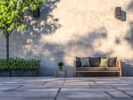 A wooden sofa with cushions is positioned near a wall complemented by a small table and a potted plant. Soft sunlight and a tree enhance the inviting atmosphere.の素材
