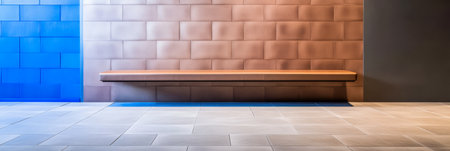 A minimalist seating area features a wooden bench against a backdrop of colorful walls in blue and brown tones. The design emphasizes clean lines and simplicity in a modern setting.の素材