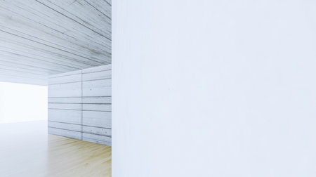 A bright open space featuring minimalist design elements. The room has white walls and wooden accents creating a serene atmosphere with natural light flowing through large windows.の素材