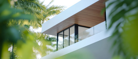 A contemporary building with a sleek glass balcony is nestled among vibrant palm trees and tropical plants. This setting creates a serene and inviting atmosphere perfect for relaxation.の素材