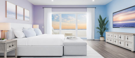 Light-filled coastal bedroom features a large window with a stunning ocean view at sunset. Soft colors and a chic design create a serene atmosphere for relaxation.の素材