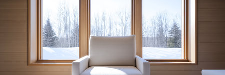 A cozy white armchair sits in front of expansive windows offering a breathtaking view of a winter landscape. Snow-covered trees stand in the distance creating a peaceful atmosphere.の素材