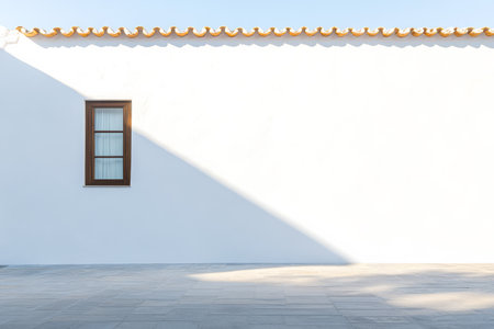 A serene courtyard features a bright white wall with a single wooden window. The warm sun casts a distinct shadow highlighting the simplicity of the space during midday.の素材