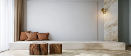 This stylish living room features a minimalist design with a comfortable seating area adorned by brown cushions wooden stools and ample natural light from large windows.の素材