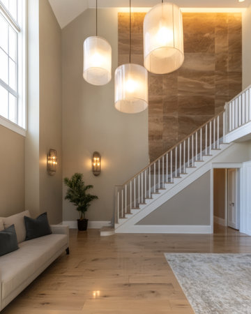 A bright entryway showcases stylish pendant lights and a tall staircase. A cozy sofa with decorative cushions is situated near a potted plant enhancing the welcoming atmosphere.の素材