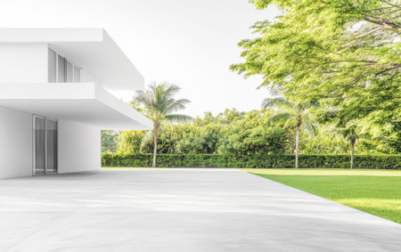 A contemporary white building stands beside a lush green area filled with trees. The bright daylight enhances the clean lines of the homes design creating a tranquil atmosphere.の素材