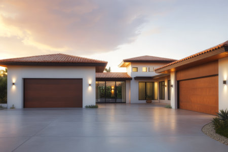 Contemporary houses with elegant design features stand in a driveway basking in soft evening light. The architecture blends natural elements creating a serene atmosphere.の素材