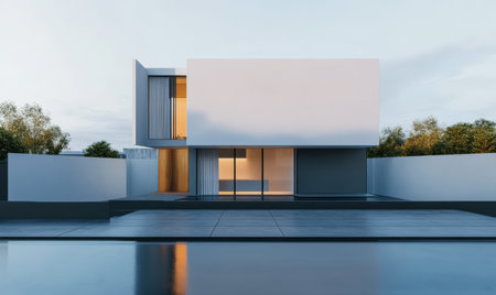 A contemporary building features sleek white walls and large glass windows reflecting the evening light. The surrounding landscape complements the minimalist design with its calm water elements.の素材