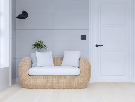 A wicker sofa with soft cushions sits in a bright minimalist living room. Light floods through large windows creating a warm and inviting atmosphere. Subtle decor enhances the simplicity.の素材