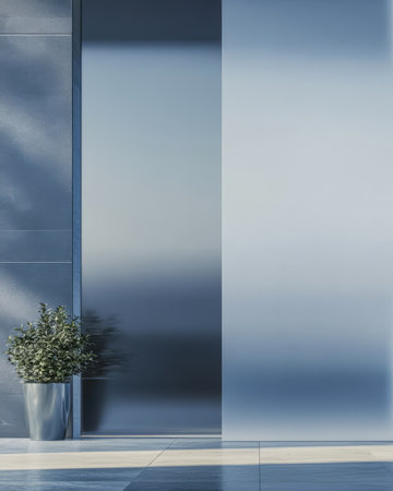 A clean modern interior showcases a potted plant next to a textured blue wall. The space is illuminated by soft natural light creating a calming atmosphere perfect for relaxation.の素材