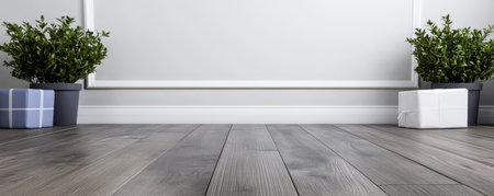 Two potted plants flank a pair of beautifully wrapped gifts on a wooden floor creating a cozy atmosphere in a minimalist room. Soft lighting enhances the decor.の素材