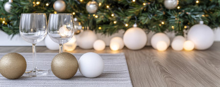 Two clear wine glasses rest next to golden and white ornaments on a textured surface with a beautifully lit holiday tree in the background creating a warm inviting atmosphere.の素材