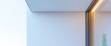 A contemporary room showcases minimalistic decor with clean lines warm lighting along the edges and a touch of greenery. The design emphasizes elegance and openness.の素材