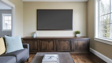A living room showcases a sleek design featuring a large wall-mounted display wooden cabinetry and ample natural light filtering through large windows creating a spacious atmosphere.の素材