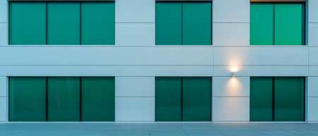 The exterior of a modern building exhibits a minimalist design with several green windows. A single light illuminates the wall creating a soothing ambiance in the evening light.の素材