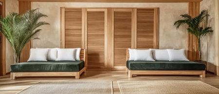 A spacious room showcases two green daybeds with white cushions surrounded by potted plants. Natural light illuminates the wooden details and warm color palette creating a serene atmosphere.の素材