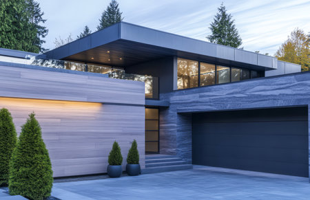 The image showcases a contemporary house characterized by clean lines and large glass windows surrounded by greenery. The garage features a minimalist design blending with the modern aesthetic.の素材