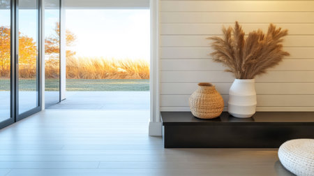 Bright and airy interior space featuring large windows with views of fall foliage. Decorative elements include pampas grass and natural textures for a cozy atmosphere.の素材