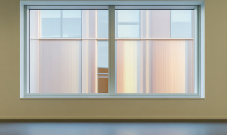 Natural light floods a contemporary room through large windows revealing a vibrant exterior with warm tones. The minimalist design emphasizes the connection with the outside world.の素材