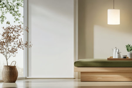 Soft natural light fills a modern living space featuring a low wooden seating area decorative plants and minimalist decor creating a warm and inviting atmosphere perfect for relaxation.の素材