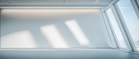 Sunlight pours into a spacious and uncluttered room with large windows creating a bright atmosphere.の素材