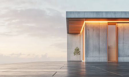 A minimalist concrete building stands on a flat surface featuring clean lines and a warm glow from its lighting. A small tree adds a touch of nature against the serene sunset sky.の素材