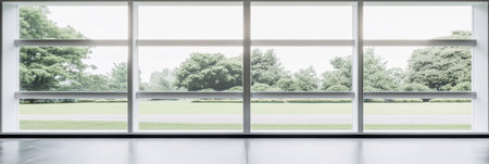 Large floor-to-ceiling windows offer a clear view of a vibrant green landscape bathed in natural light. The minimalist interior complements the serene outdoors creating a peaceful atmosphere.の素材