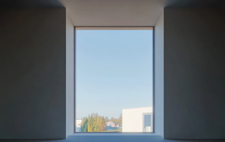 A spacious window frames a serene outdoor scene featuring a clear blue sky and soft natural light. The surrounding architecture enhances the peaceful ambiance inviting contemplation.の素材