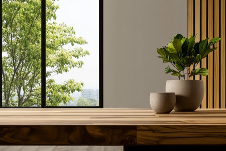 Bright and airy room showcasing a wooden table with two potted plants. A large window provides an expansive view of greenery outside filling the space with natural light.の素材