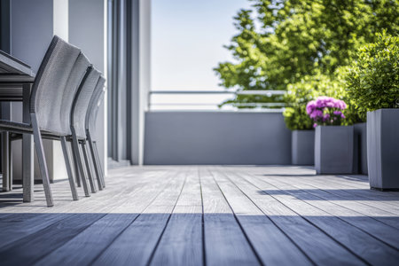 A well-designed outdoor balcony showcases sleek gray furniture arranged for leisure. Potted plants add a touch of color creating a serene atmosphere under clear blue skies.の素材