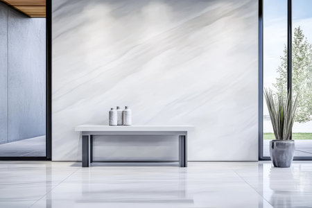 A modern interior showcases a sleek bench placed against a marble wall. Light floods in through large windows highlighting the elegant decor and creating a serene atmosphere.の素材