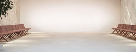 A bright minimalistic room features several wooden benches arranged in neat rows. Soft lighting highlights the clean lines and open space creating a calm environment.の素材