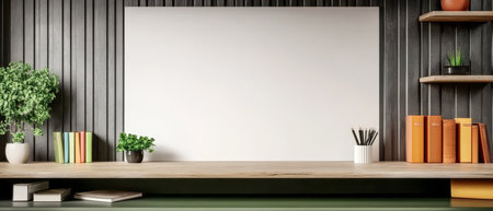 A minimalist workspace displays a wooden desk with a blank canvas colorful books small plants and stationery. The clean design emphasizes productivity and organization in a stylish environment.の素材