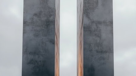 Two towering metal columns stand side by side reflecting muted light against a cloudy backdrop. The structures exhibit a sleek modern design that enhances the surrounding environment.の素材
