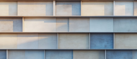 A collection of rectangular and square panels forms a visually captivating wall. The interplay of light highlights the surfaces showcasing various textures and muted color tones.の素材