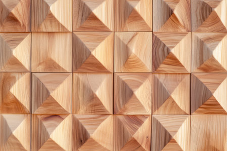 Textured wood paneling features a series of three-dimensional geometric shapes adding depth and warmth to modern interiors. Ideal for enhancing aesthetics in living spaces or offices.の素材
