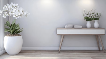 A modern living space showcases a stylish wooden table paired with white vases holding fresh flowers. Elegant orchids in a large pot add a touch of nature and sophistication to the room.の素材