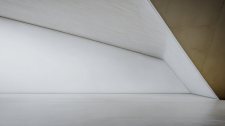 A spacious interior showcases striking design with angular walls and a minimalist aesthetic. The clean lines and neutral colors create a serene atmosphere.の素材