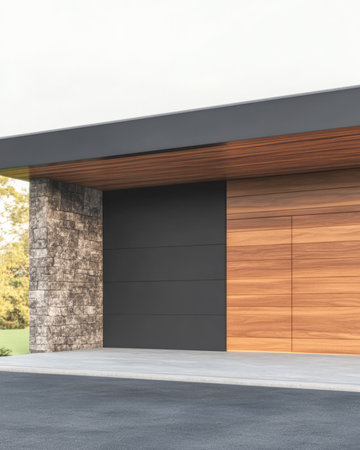 A contemporary house exterior showcases a blend of wood and stone materials. The sleek lines and natural textures create a striking visual effect.の素材