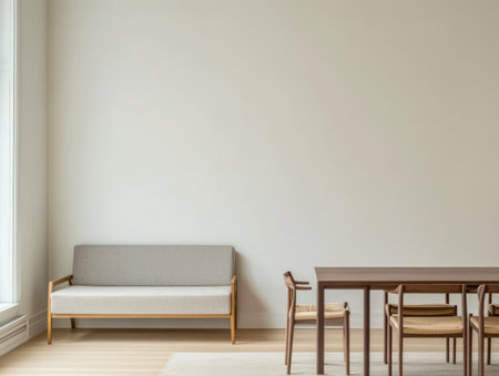 A spacious living area features a light-colored wall a modern gray sofa and a simple wooden dining table with chairs. Soft natural light illuminates the serene setting creating a calm atmosphere.の素材