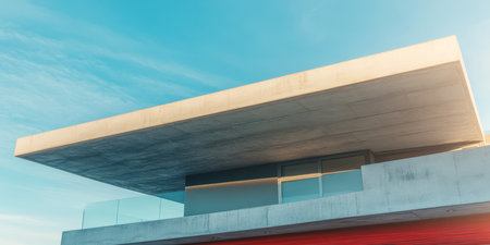 A contemporary building showcases its striking concrete overhang against a clear blue sky. The balcony offers a minimalist view reflecting modern design aesthetics.の素材