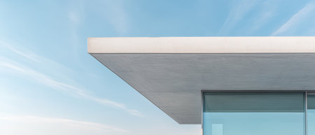 Sleek and minimalist structure showcases innovative architectural design with expansive glass elements. The buildings strong lines and concrete features are highlighted by a bright blue sky.の素材