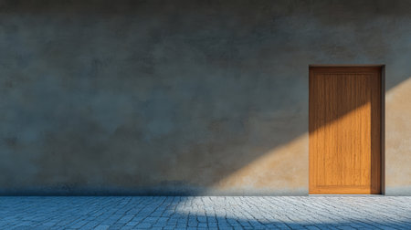 A wooden door stands against a smooth light-colored wall illuminated by bright sunlight. Shadows create interesting patterns on the cobblestone ground enhancing the serene atmosphere.の素材