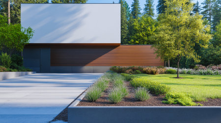 A sleek modern building stands amidst a beautifully landscaped garden featuring green lawns and well-placed shrubs. Sunlight casts soft shadows on the structures enhancing their design.の素材